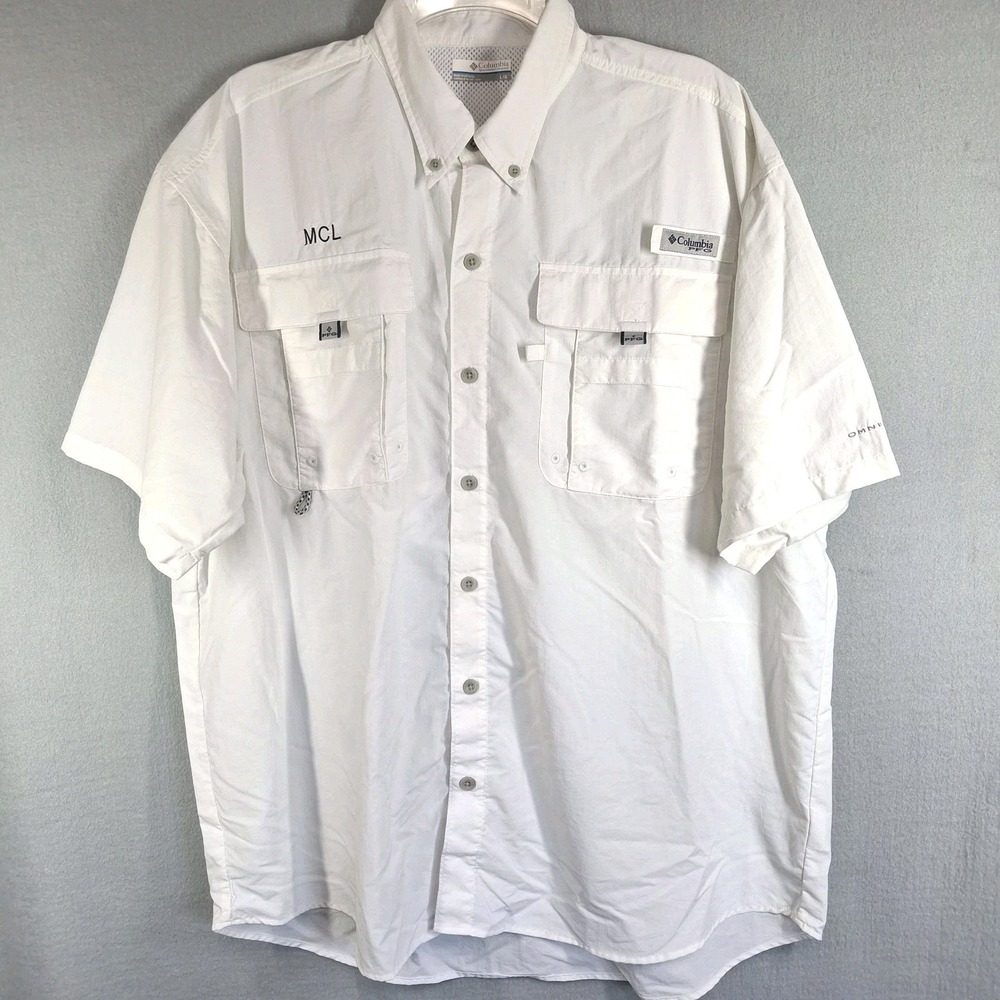Columbia Shirt Mens Large PFG Fishing White Short Sleeve Vented Omni Shade‎